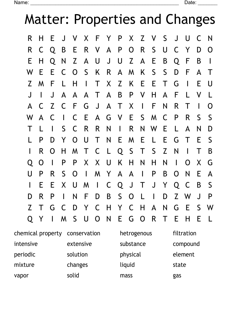 Matter: Properties and Changes Word Search