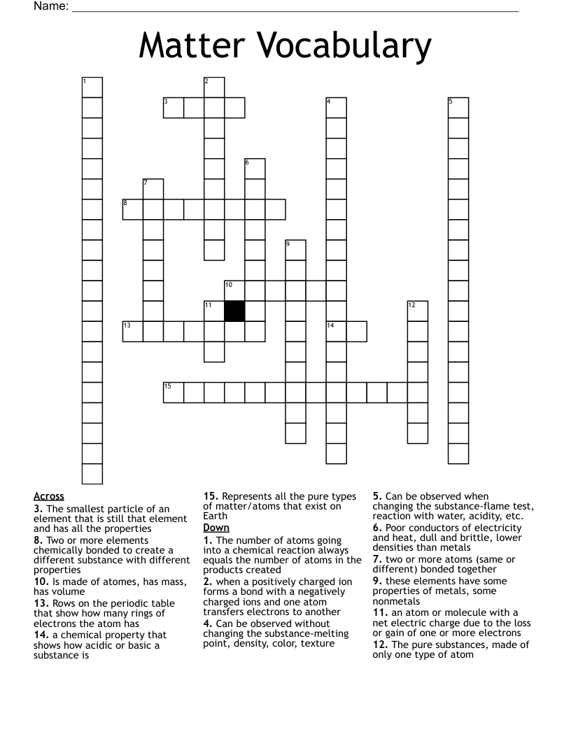 Matter Vocabulary Crossword