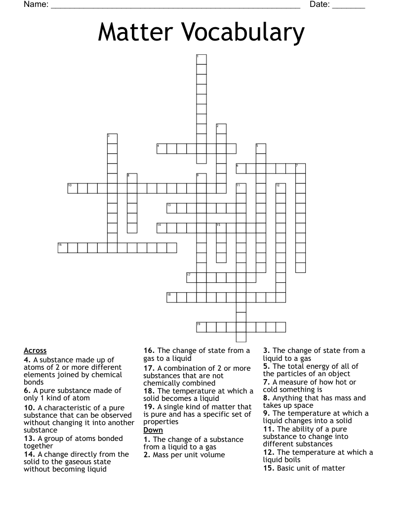 Matter Vocabulary Crossword
