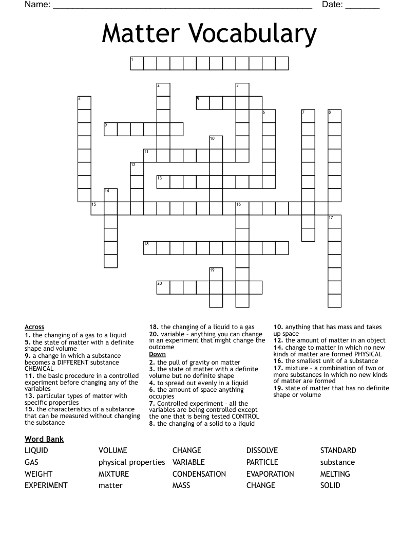 Matter Vocabulary Crossword