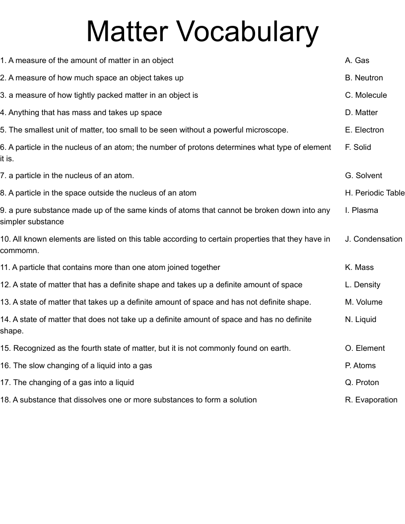Matter Vocabulary  Worksheet