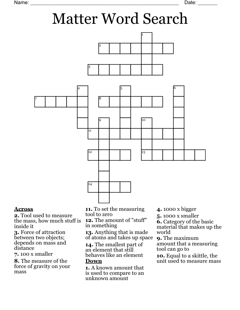 Matter Word Search Crossword