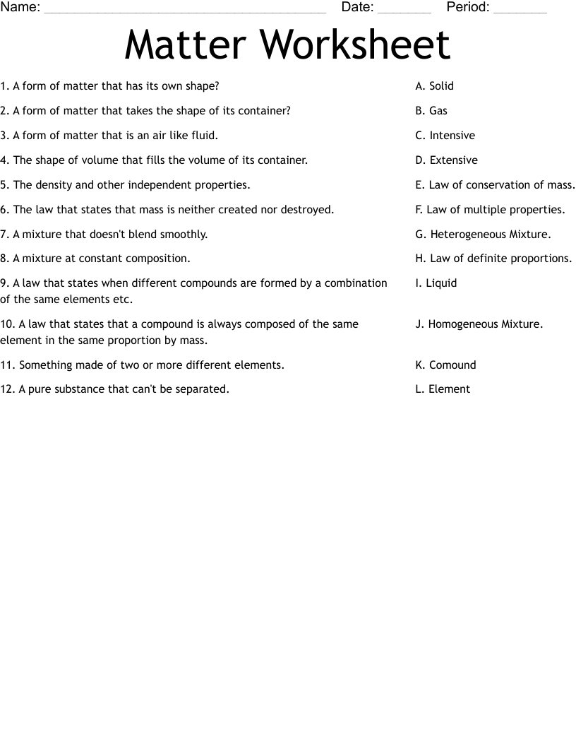 Matter Worksheet