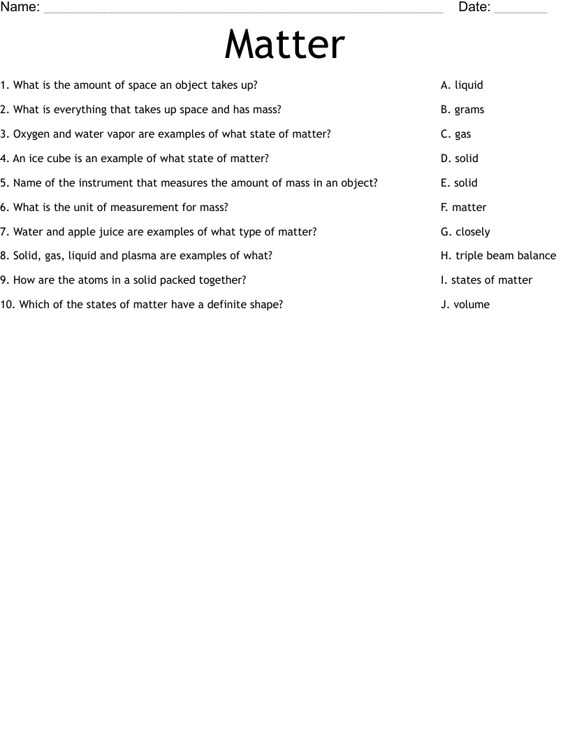 Matter  Worksheet