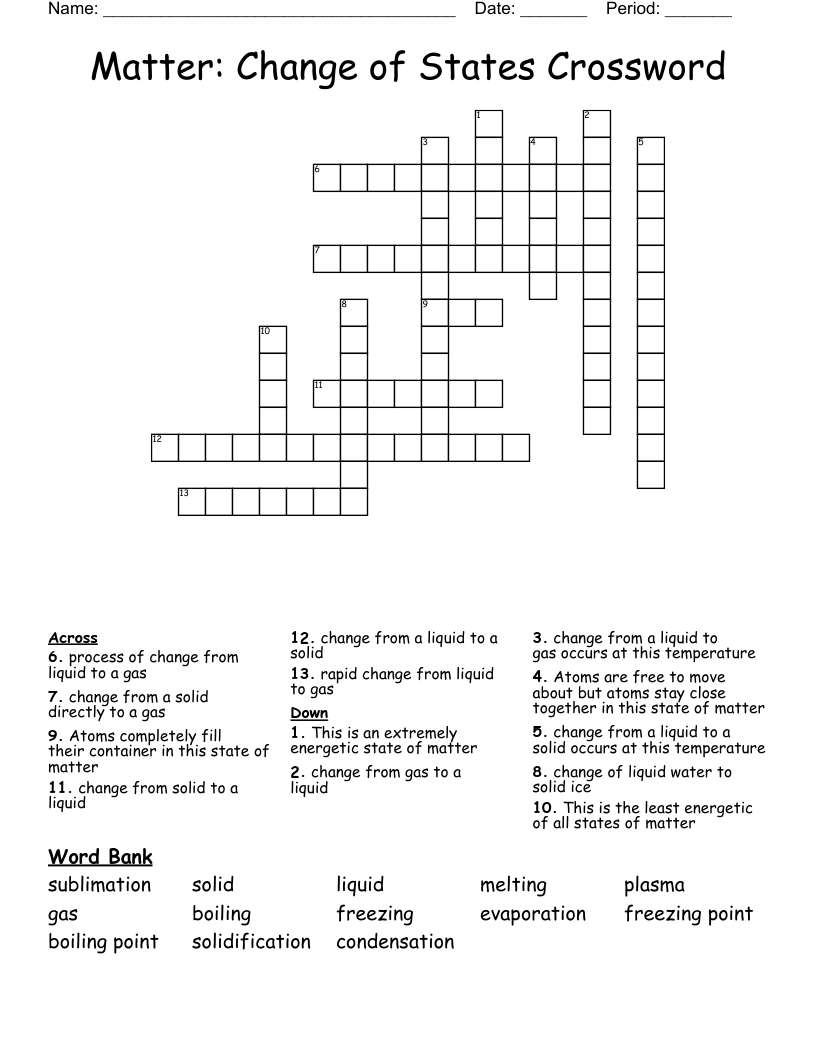 Matter:  Change of States Crossword
