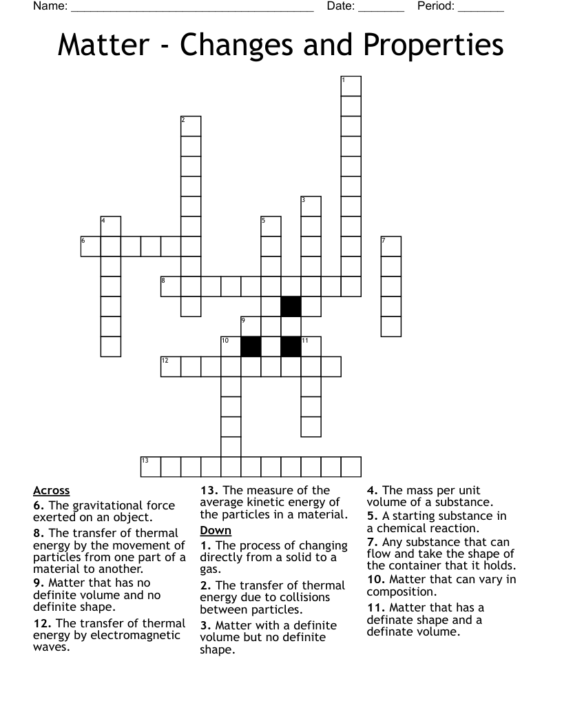 Matter - Changes and Properties Crossword