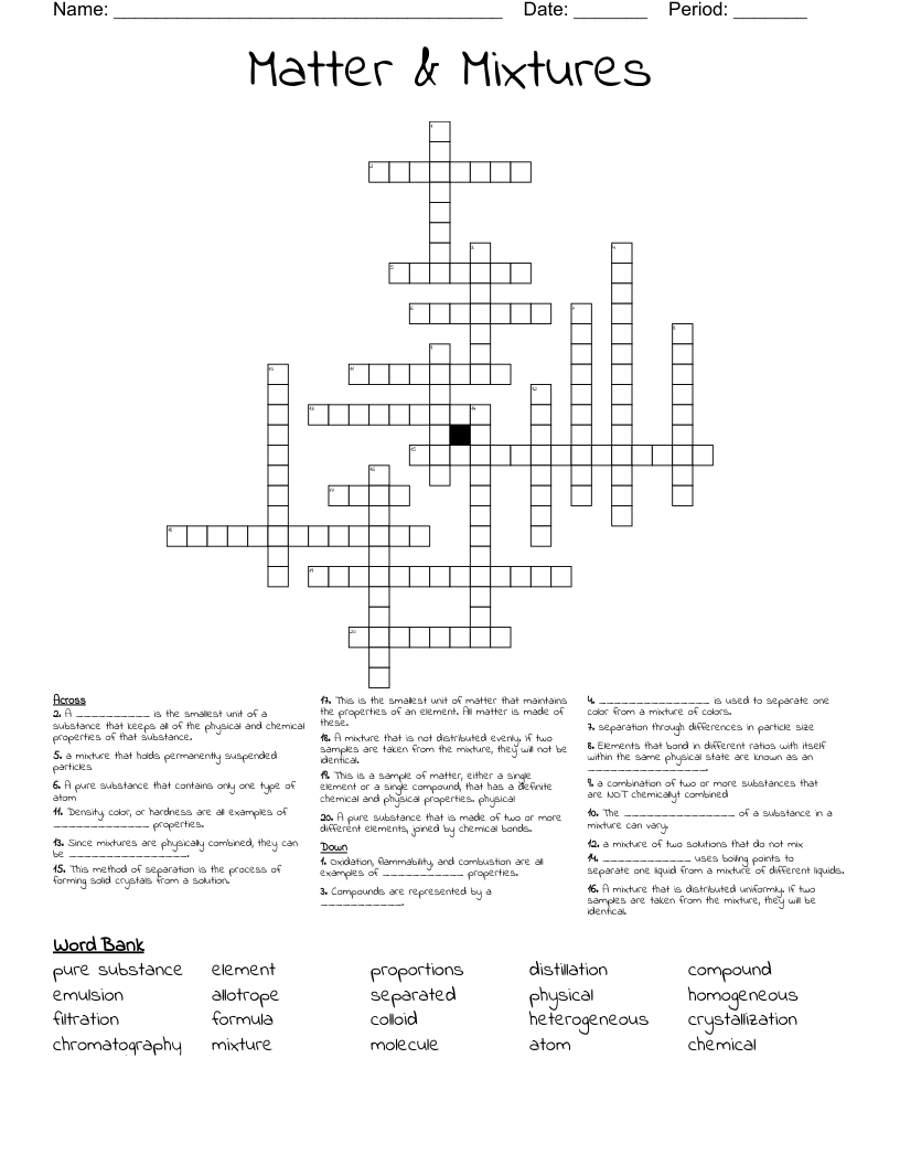 Matter & Mixtures Crossword
