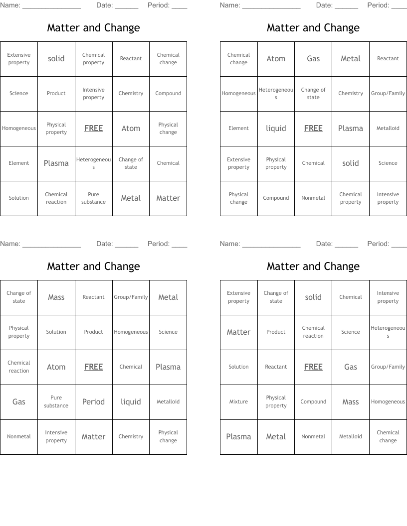 Matter and Change Bingo Cards