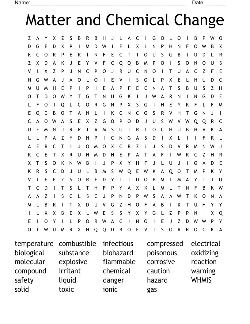 Matter and Chemical Change Word Search