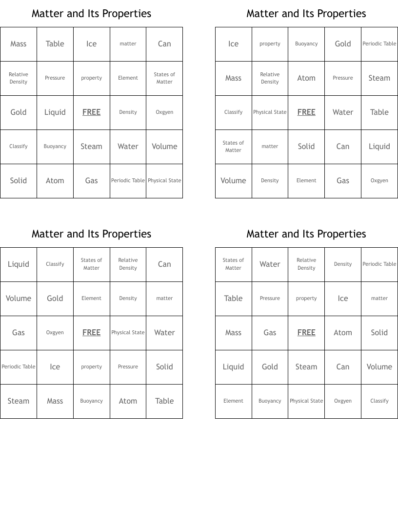 Matter and Its Properties Bingo Cards