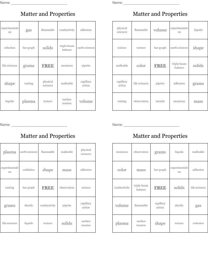 Matter and Properties Bingo Cards