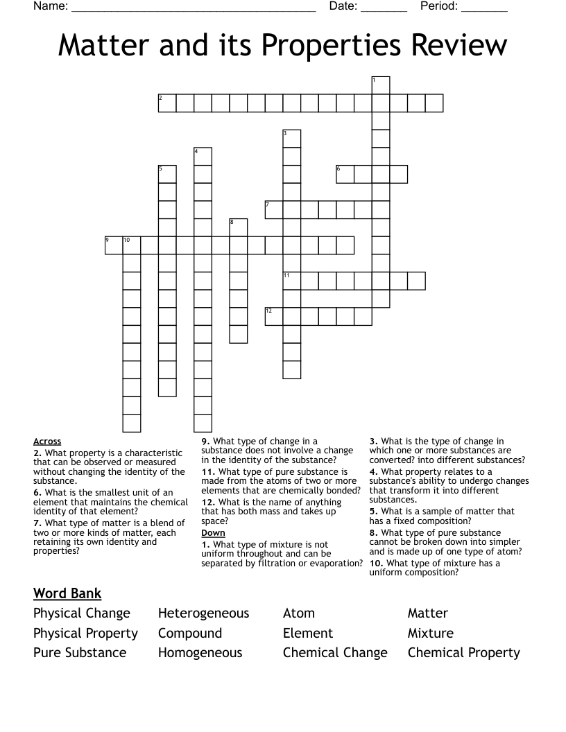 Matter and its Properties Review Crossword