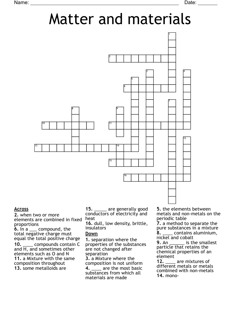 Matter and materials  Crossword