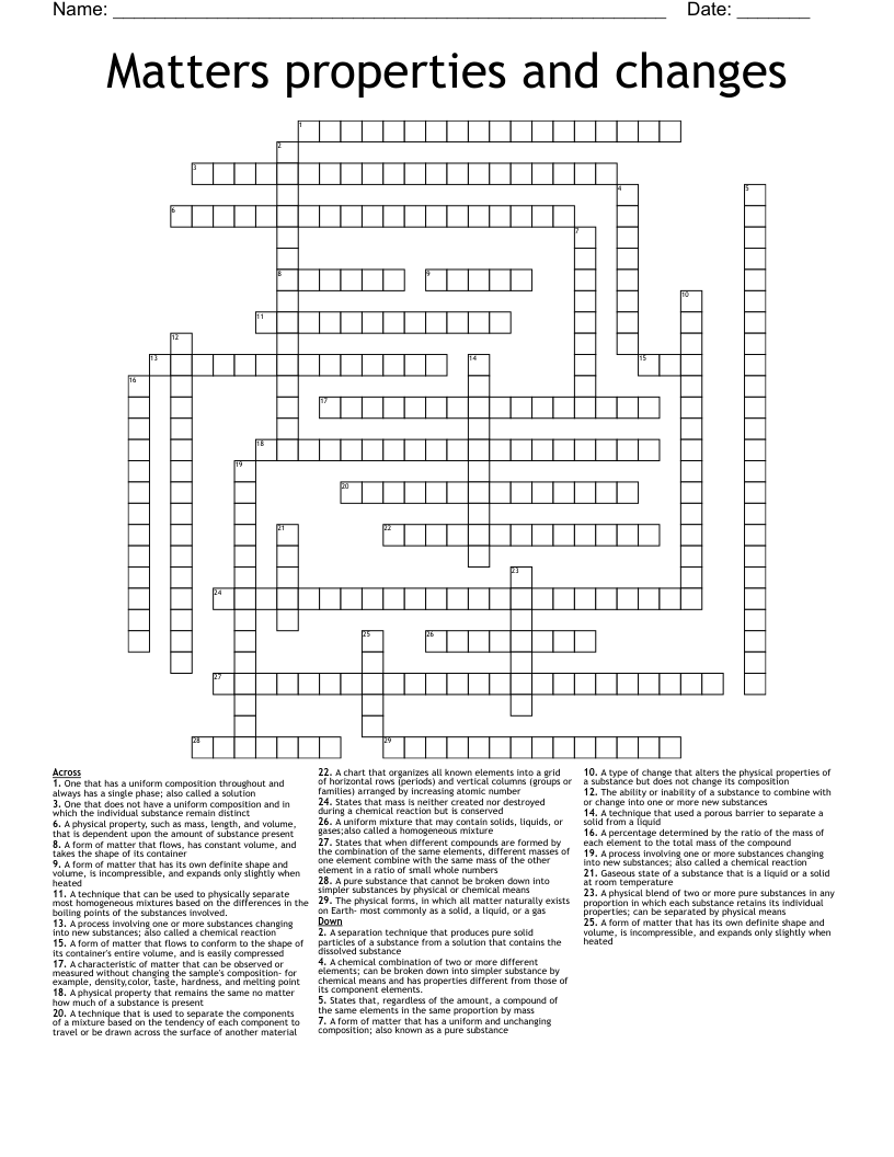 Matters  properties and changes  Crossword