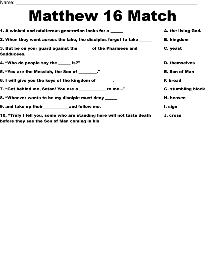 Matthew 16 Match  Worksheet