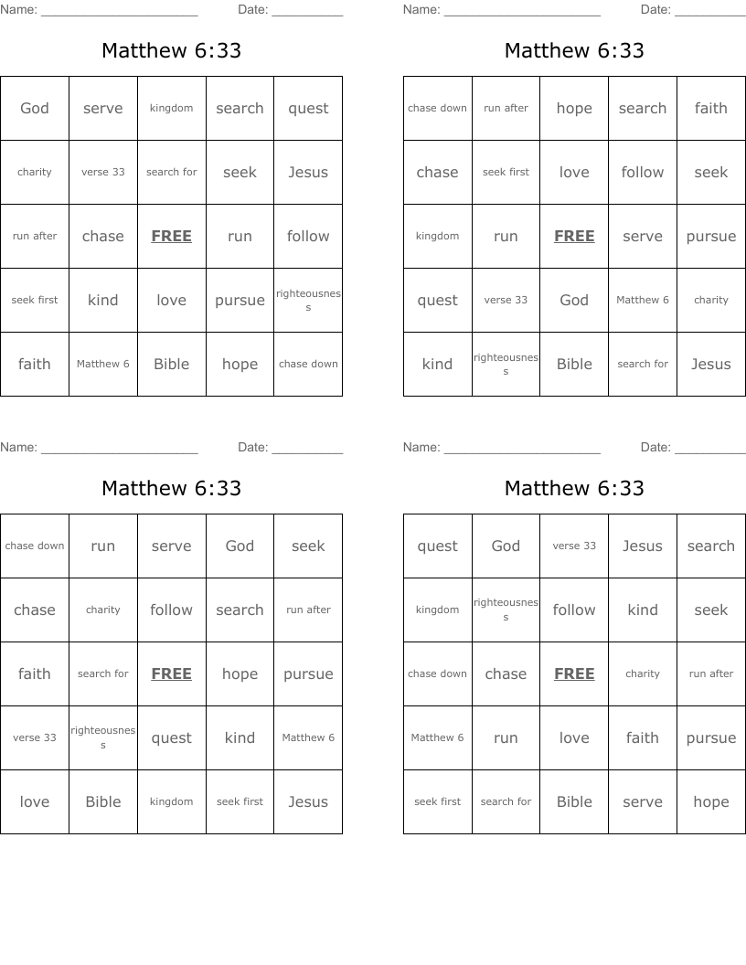 Matthew 6:33 Bingo Cards