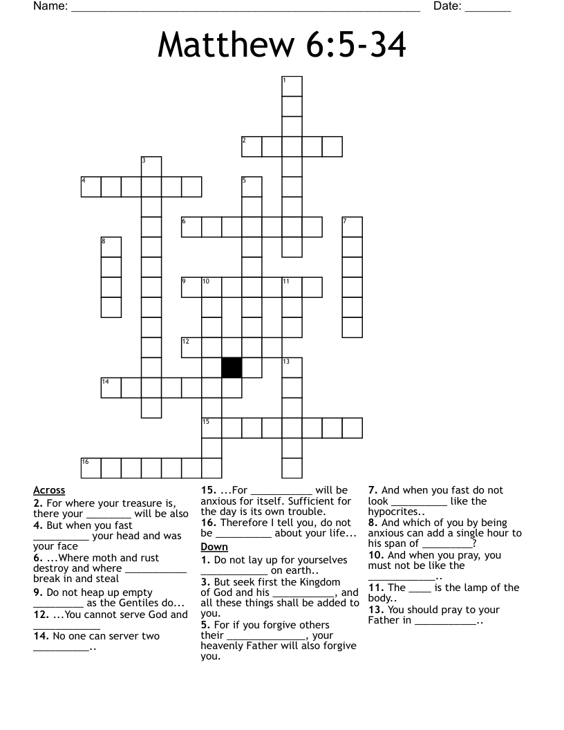 Matthew 6:5-34 Crossword
