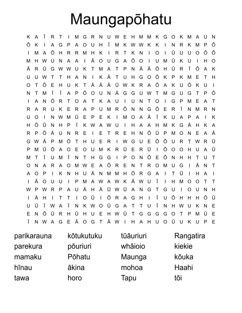 Maungapōhatu Word Search