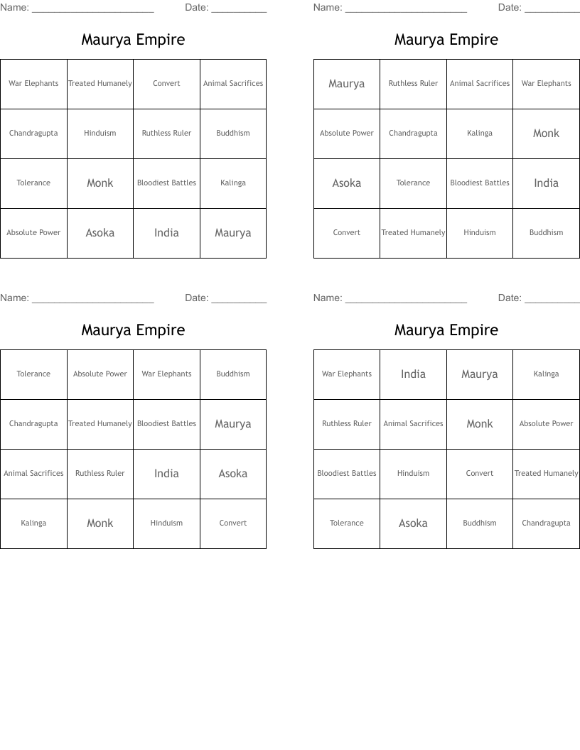 Maurya Empire Bingo Cards