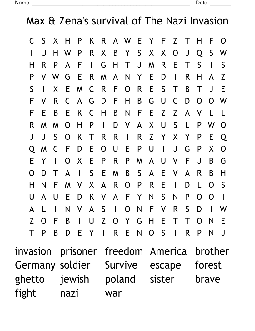 Max & Zena's survival of The Nazi Invasion Word Search