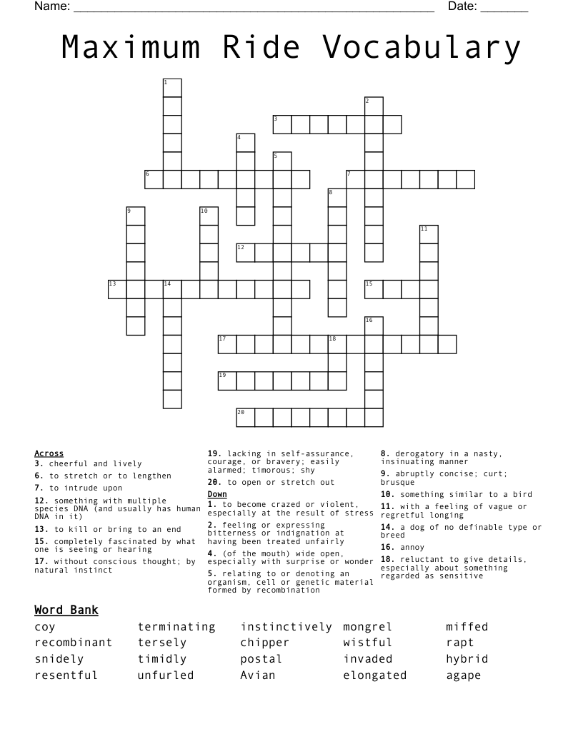 Maximum Ride Vocabulary Crossword