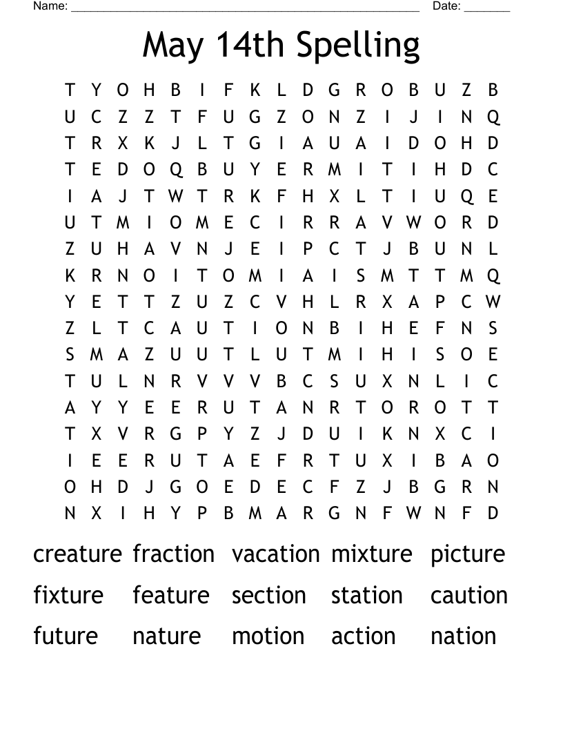 May 14th Spelling Word Search