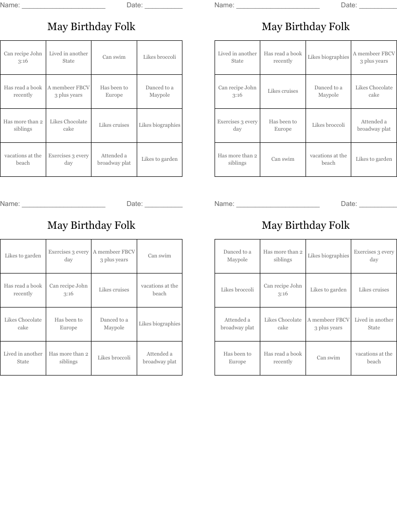 May Birthday Folk Bingo Cards