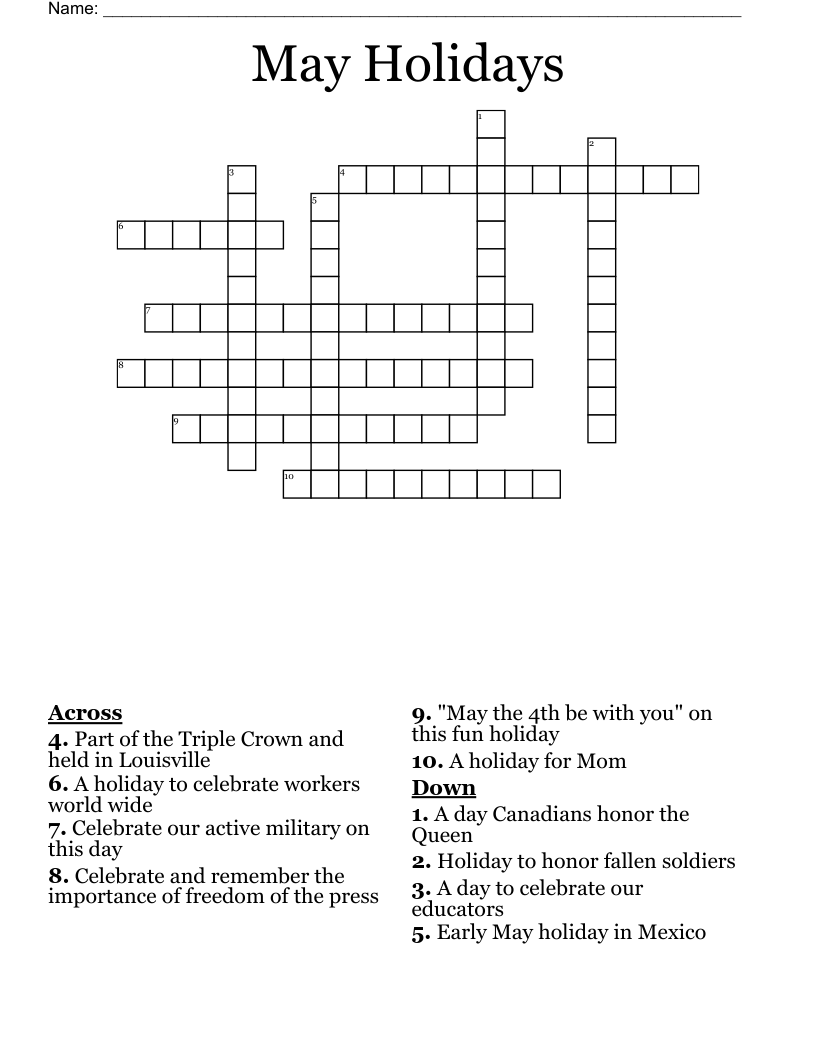 May Holidays Crossword