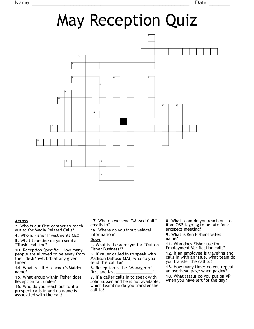 May Reception Quiz Crossword