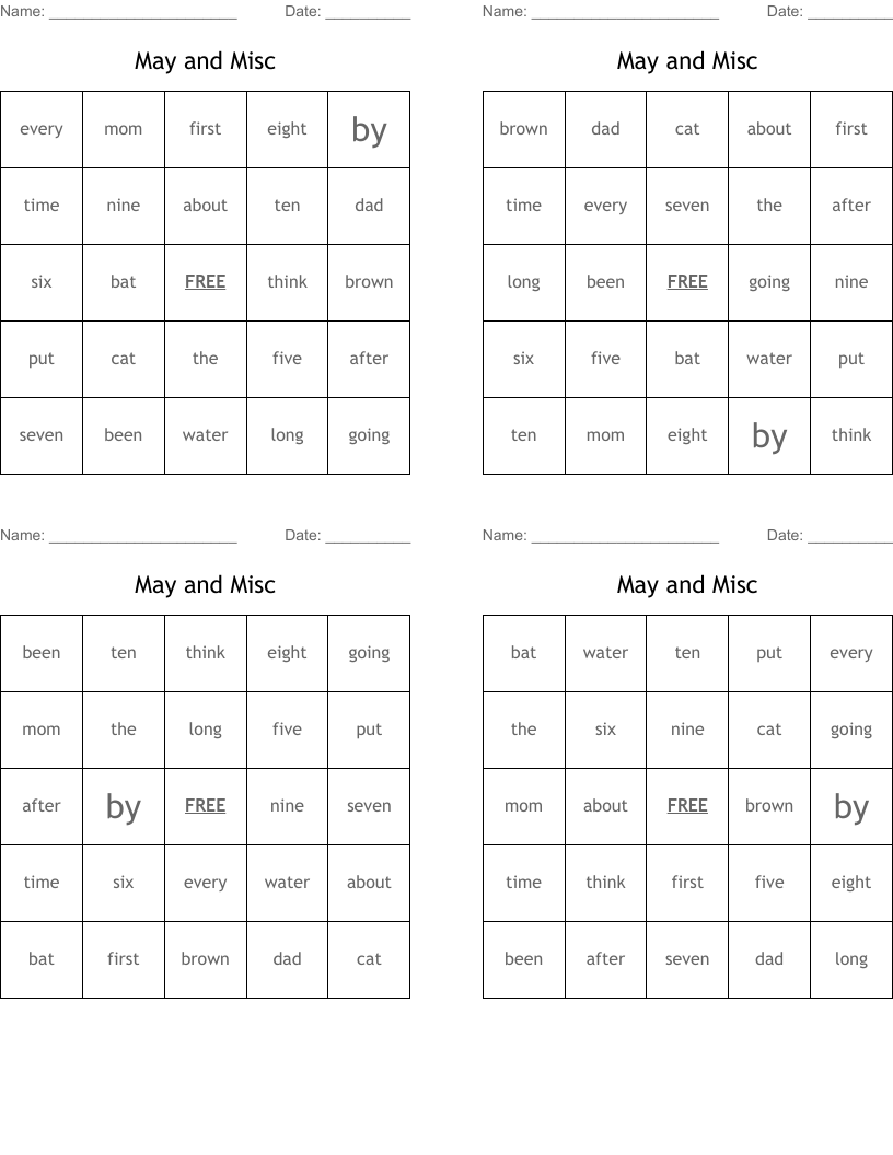 May and Misc Bingo Cards