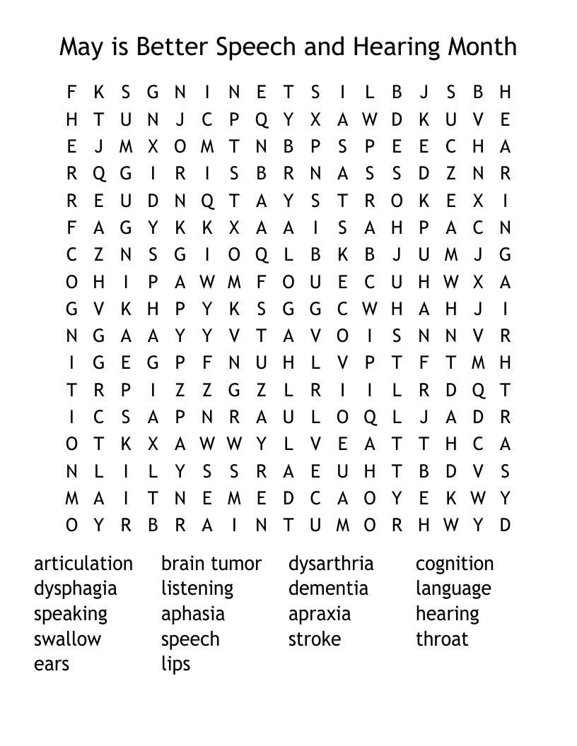 May is Better Speech and Hearing Month Word Search