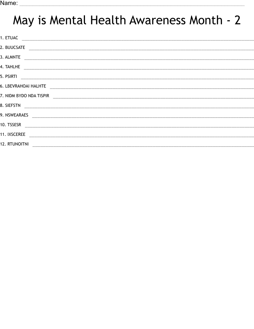 May is Mental Health Awareness Month - 2 Word Scramble