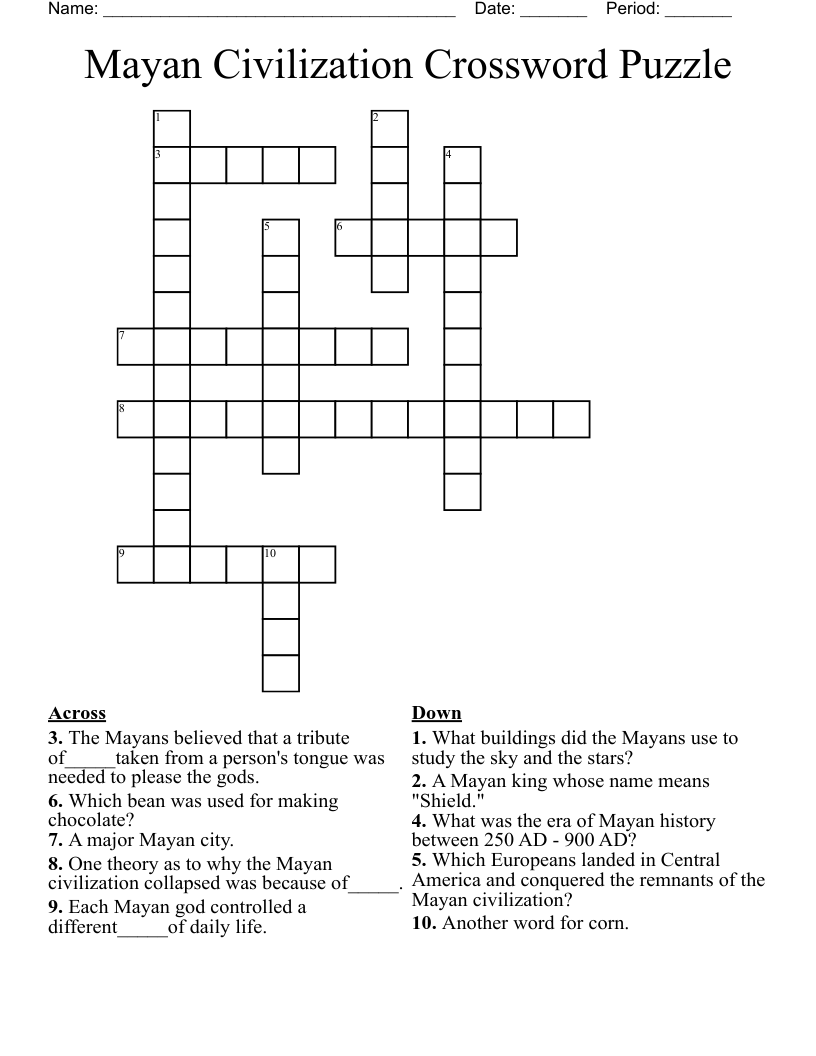 Mayan Civilization Crossword Puzzle