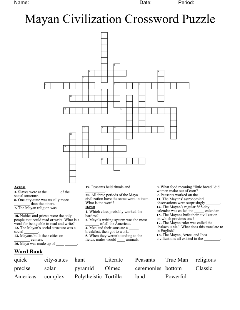 Mayan Civilization Crossword Puzzle