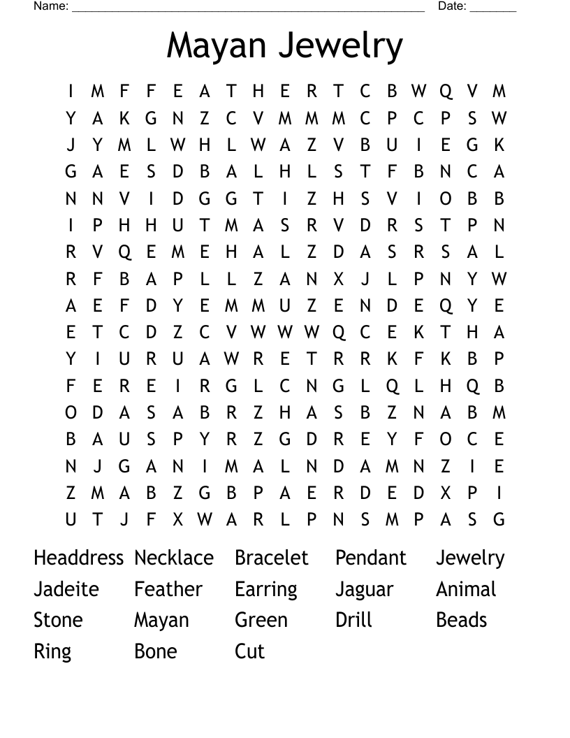 Mayan Jewelry Word Search