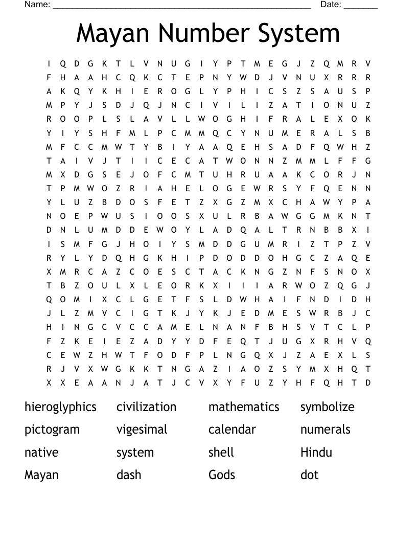 Mayan Number System Word Search