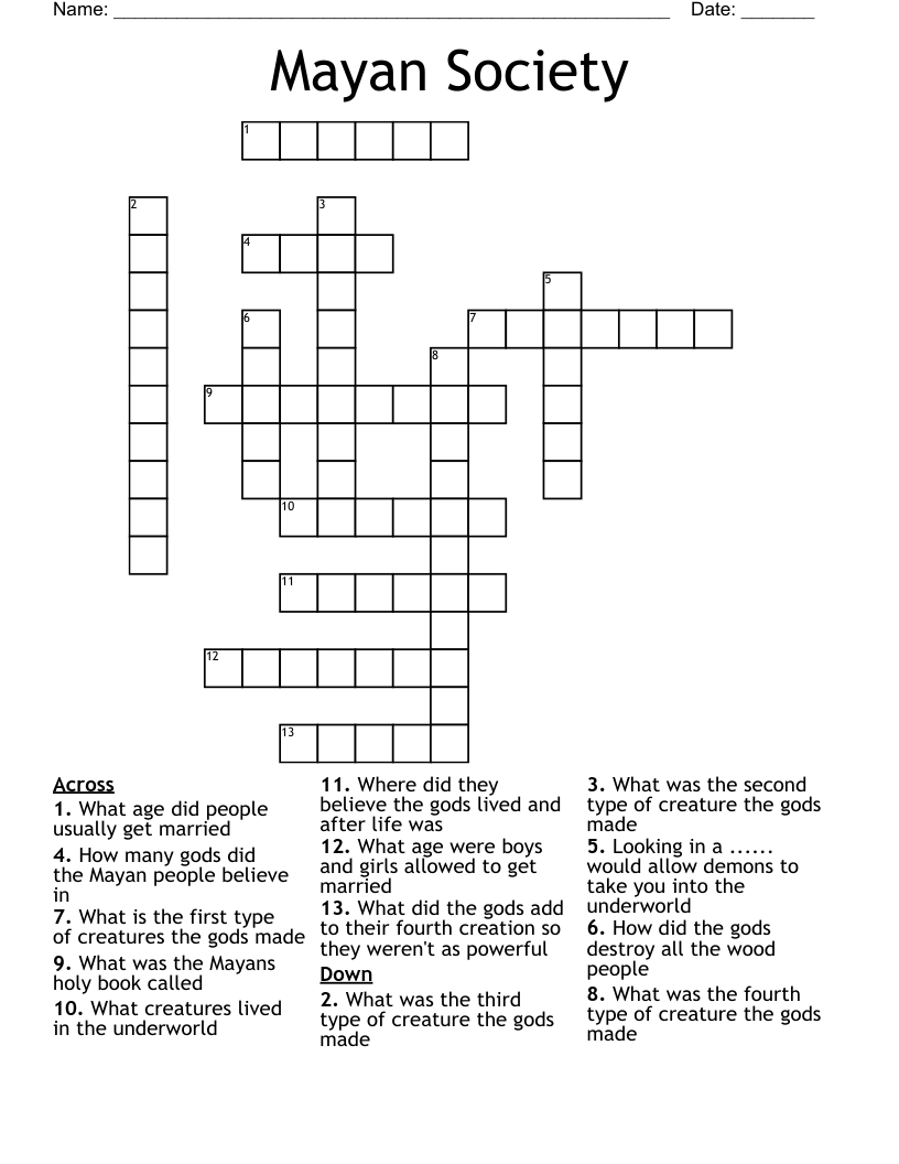 Mayan Society  Crossword