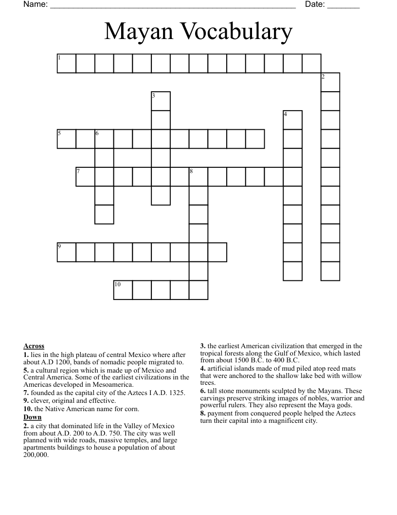 Mayan Vocabulary Crossword