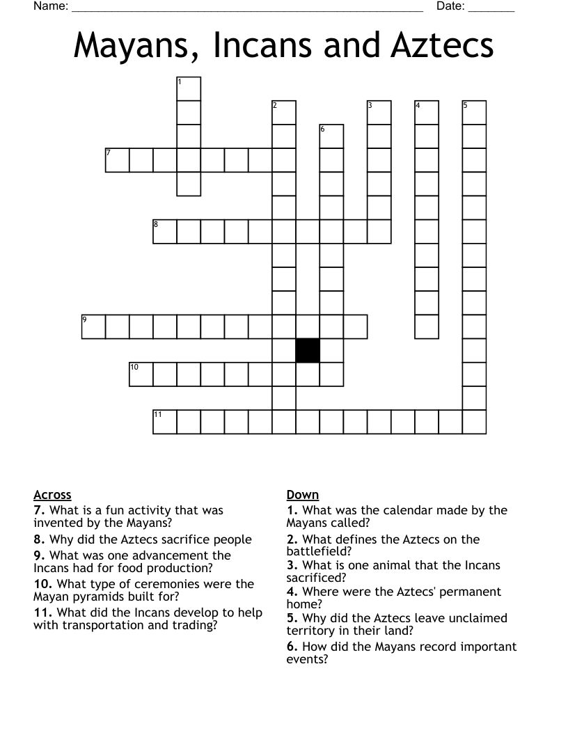 Mayans, Incans and Aztecs Crossword