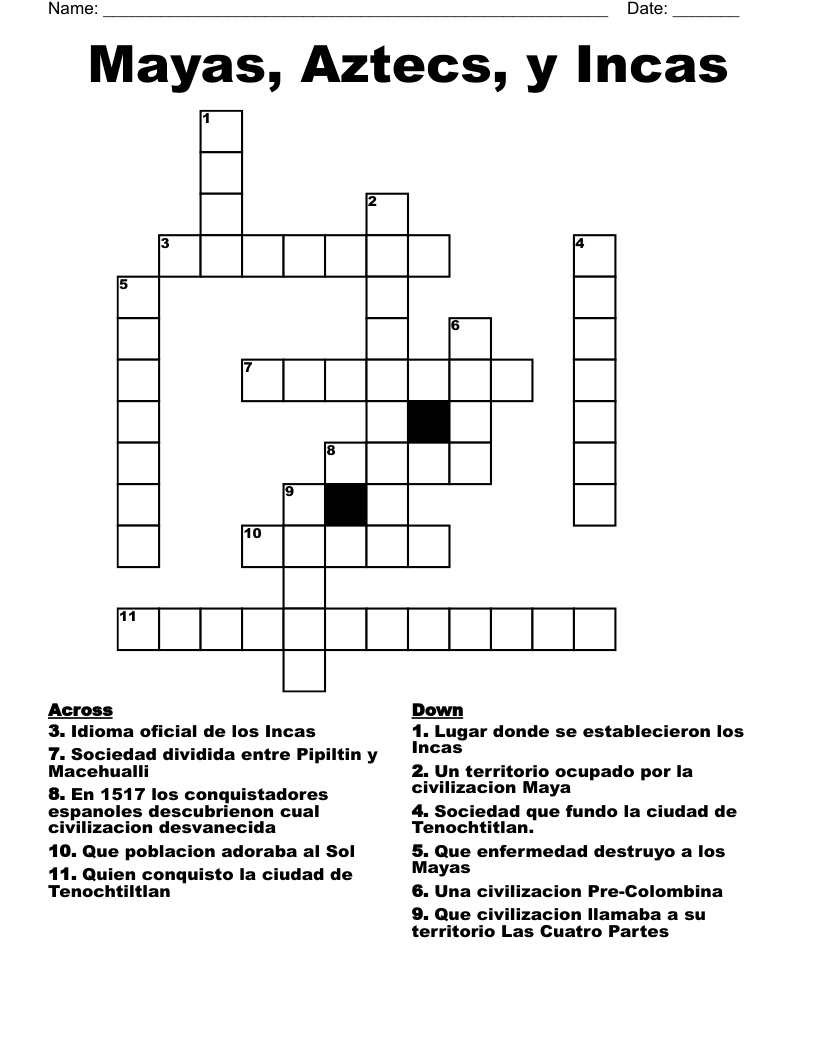 Mayas, Aztecs, y Incas Crossword