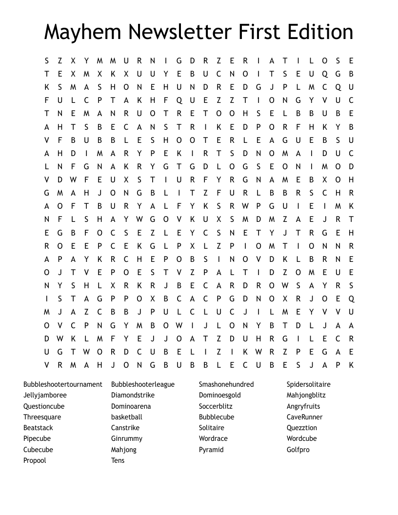Mayhem Newsletter First Edition  Word Search