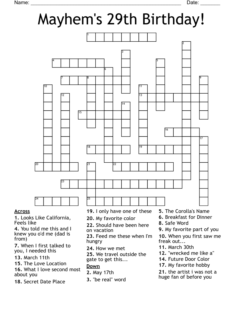 Mayhem's 29th Birthday! Crossword