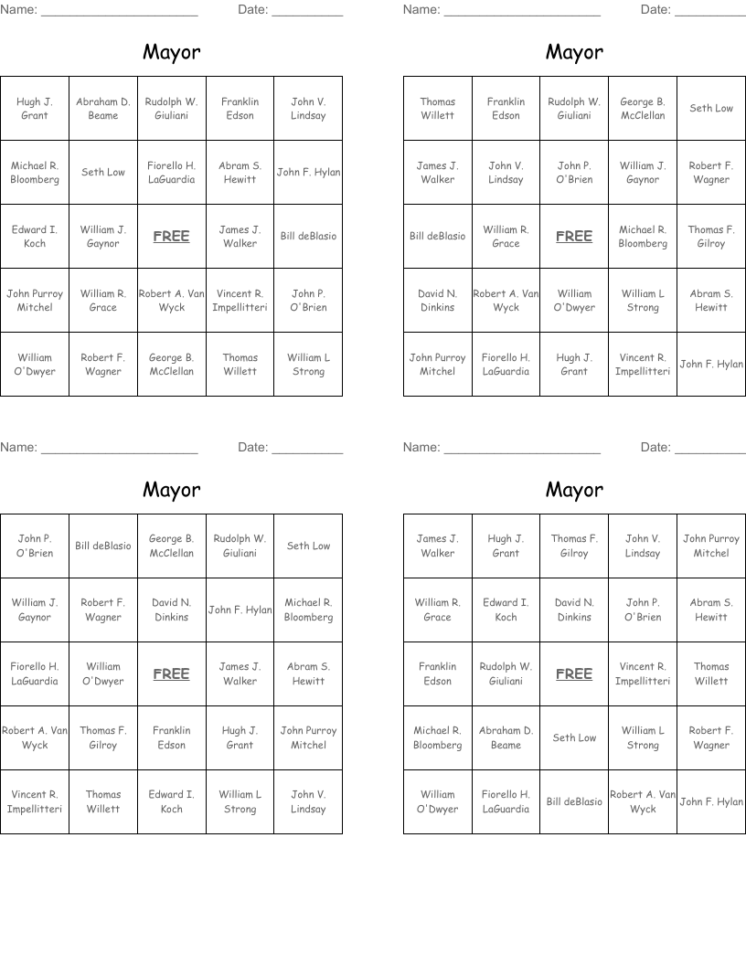 Mayor Bingo Cards