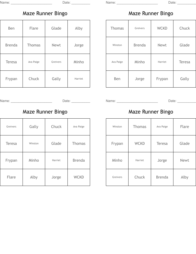 Maze Runner Bingo