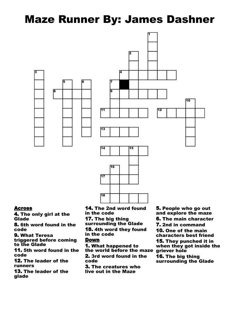 Maze Runner By: James Dashner Crossword