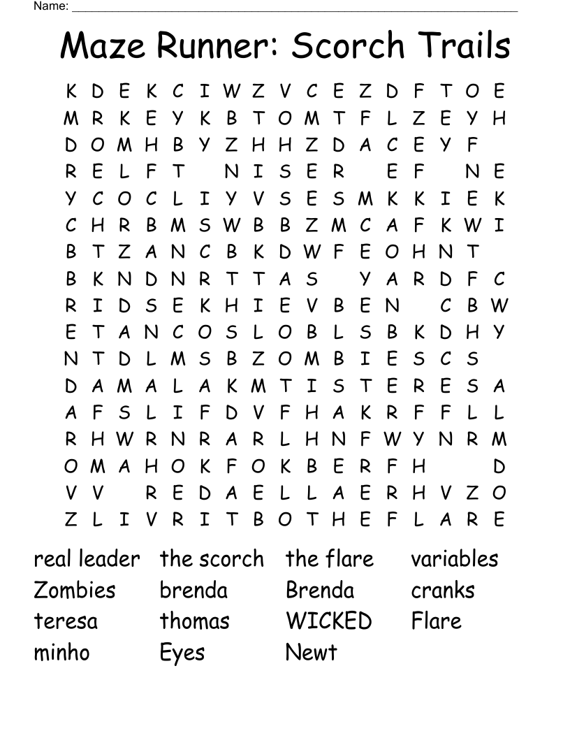 Maze Runner: Scorch Trails Word Search
