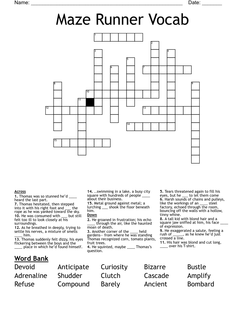 Maze Runner Vocab Crossword