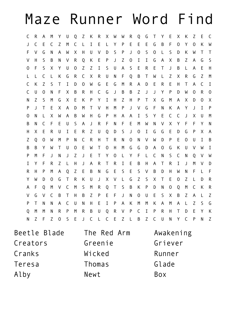 Maze Runner Word Find Word Search