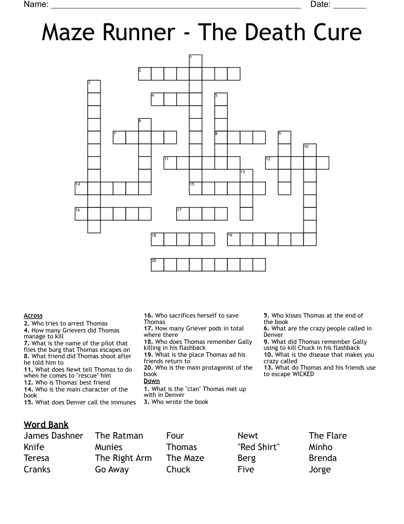 Maze Runner - The Death Cure Crossword
