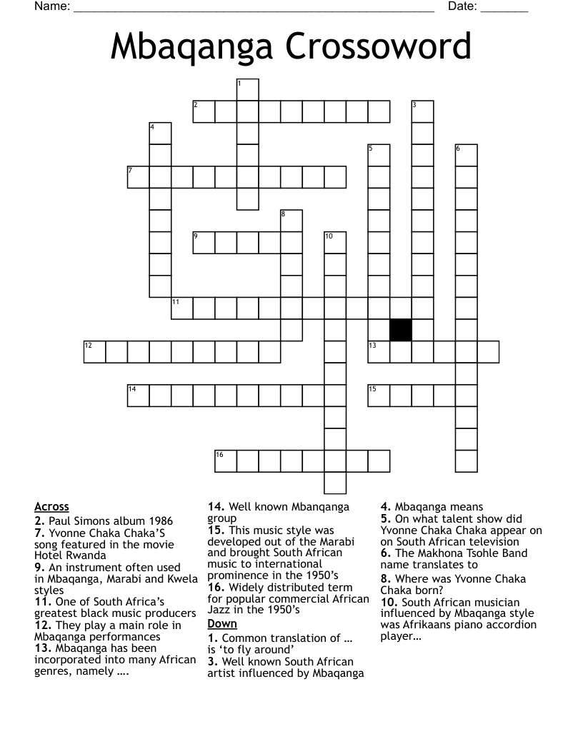 Mbaqanga Crossoword Crossword
